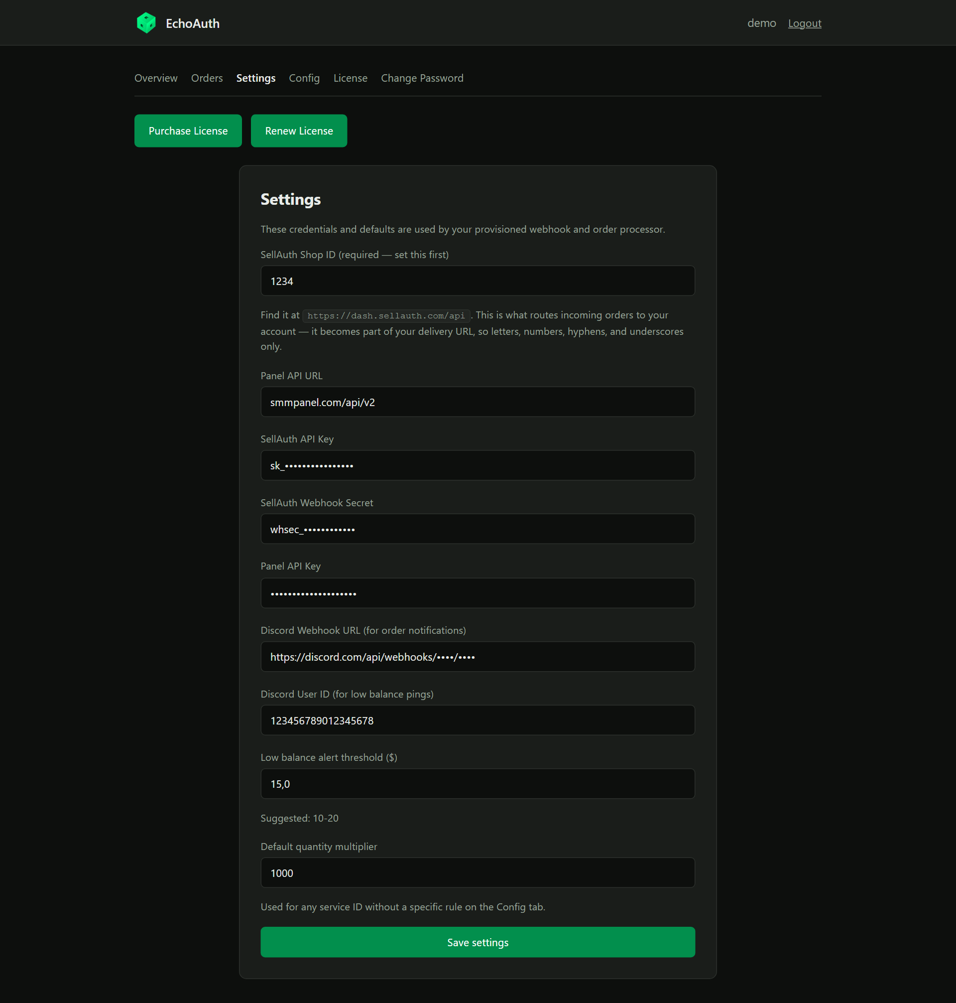 Settings page with all credentials filled in