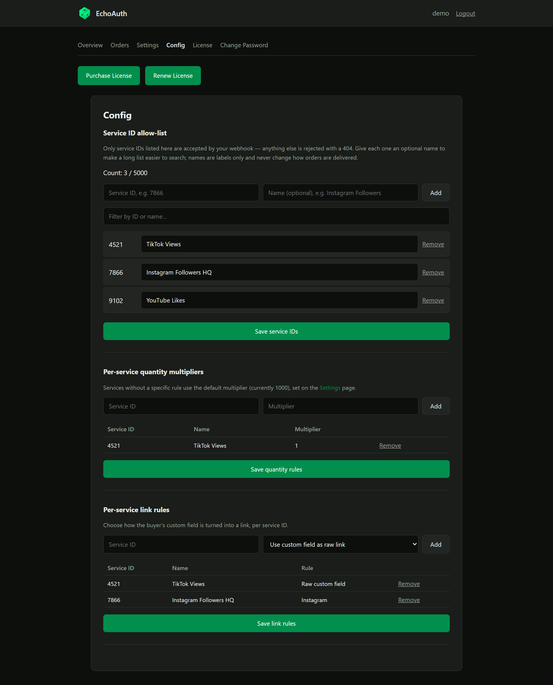 Config page showing service ID allow-list, quantity multipliers and link rules