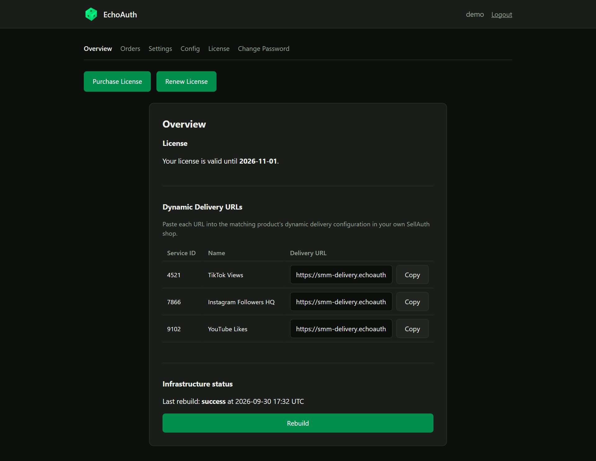 Overview page listing Dynamic Delivery URLs with Copy buttons