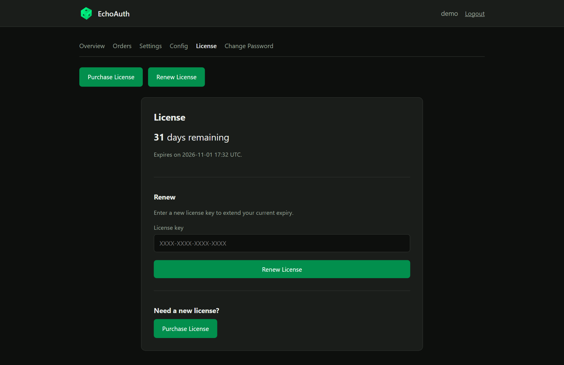 License page with days remaining and renew form