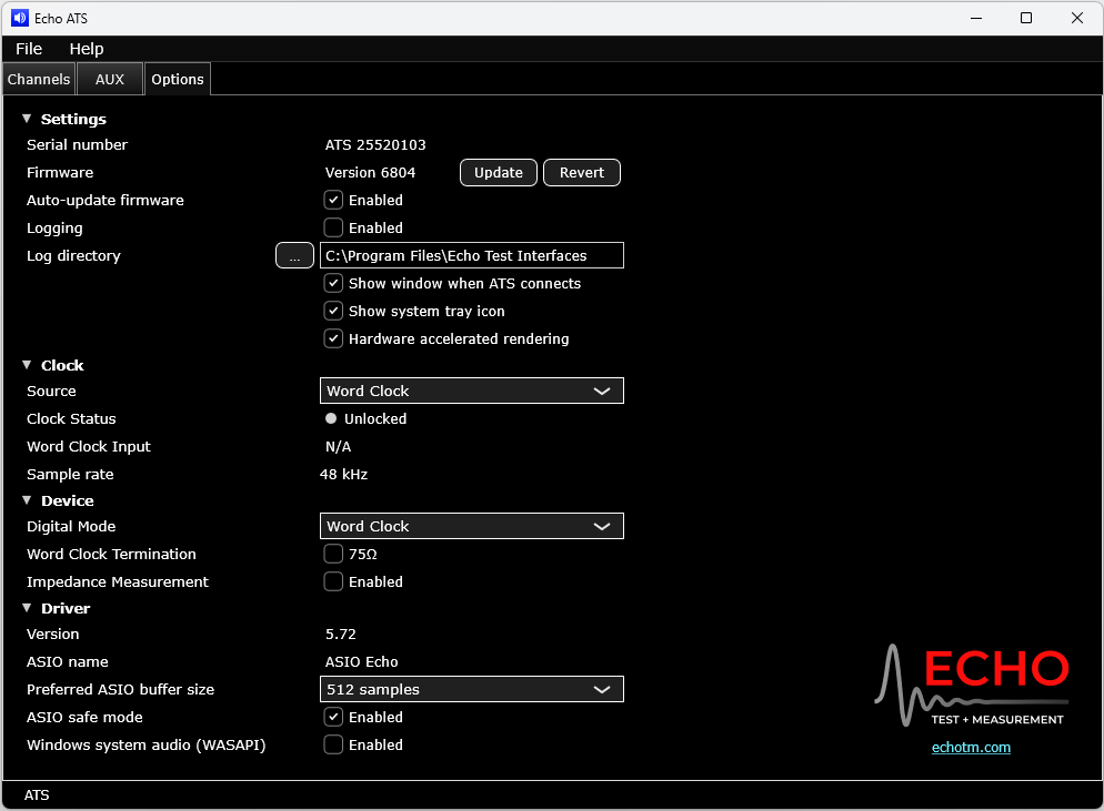ATS Control Panel Options Tab