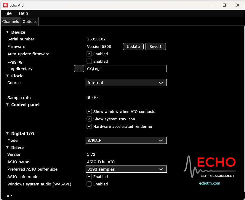 ATS Control Panel Options Tab