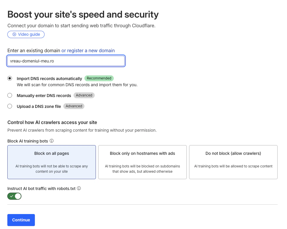 Configurarea opțiunilor pentru domeniu în Cloudflare