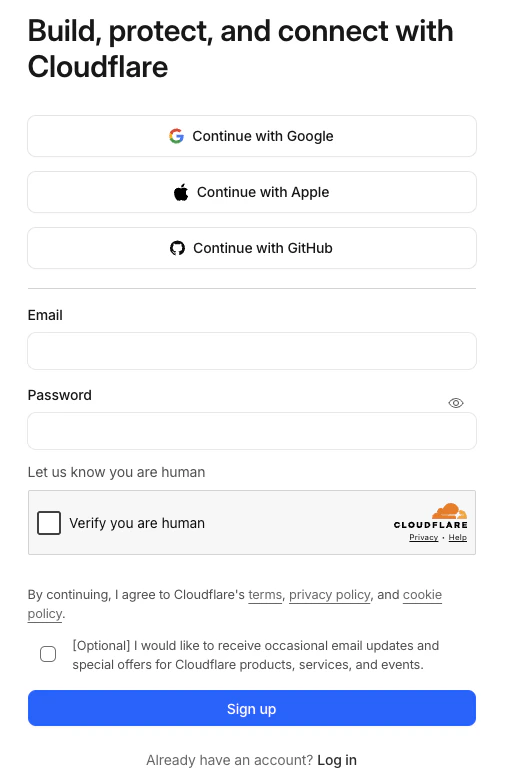 Pagina de înregistrare Cloudflare