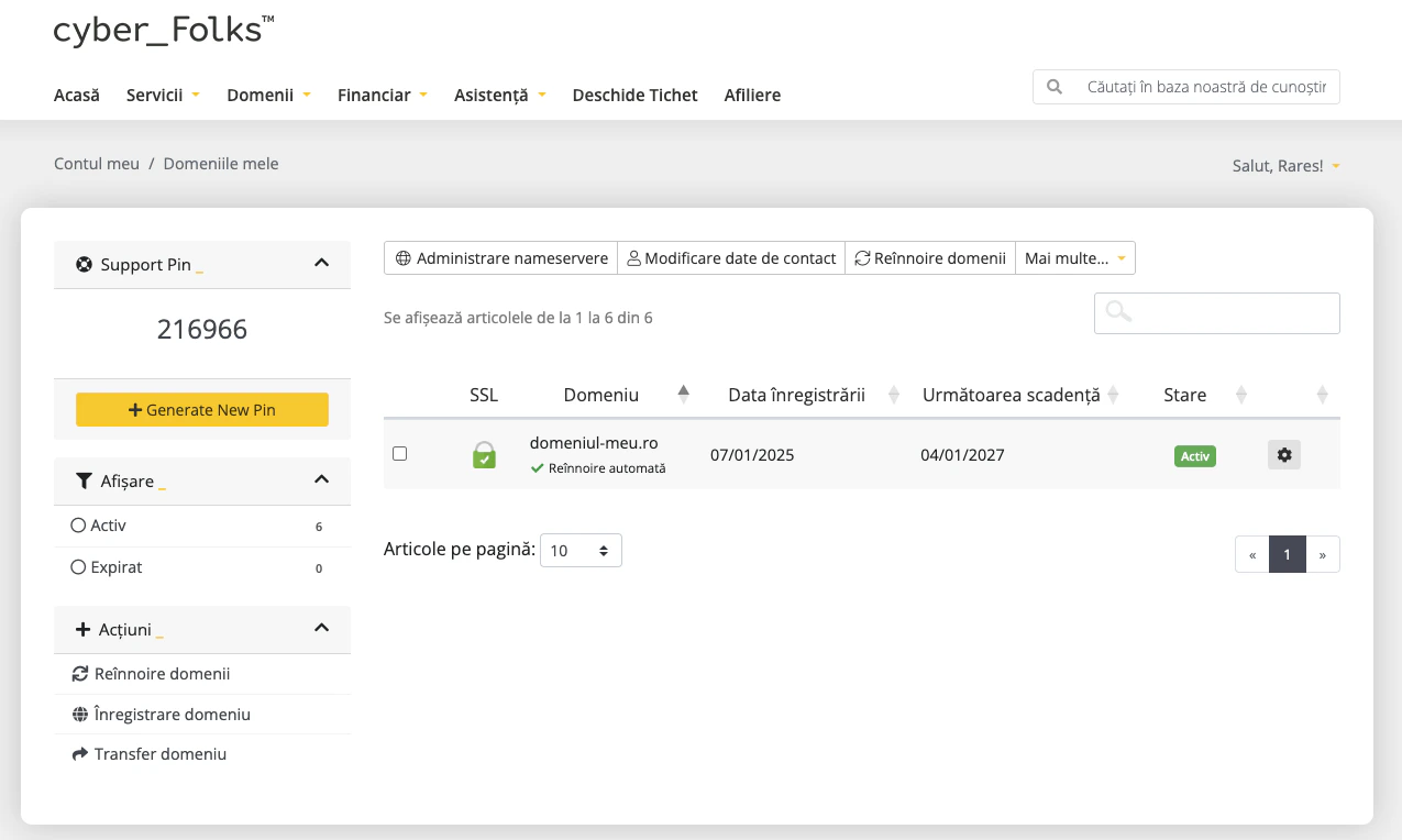 Butonul de setări pentru domeniu în CyberFolks