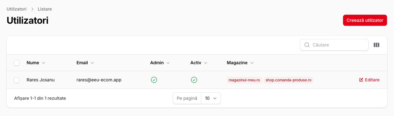 Butonul Creează utilizator pentru adăugarea unui utilizator nou