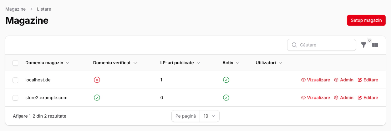 Butonul Setup Magazin pentru configurarea unui magazin nou
