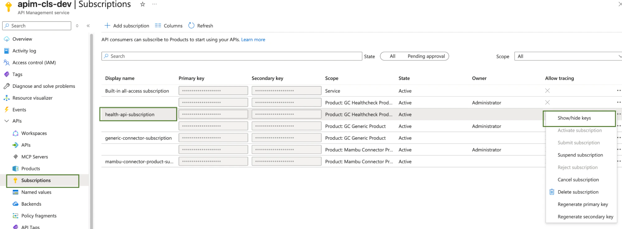 Obtain Azure APIM Subscription key