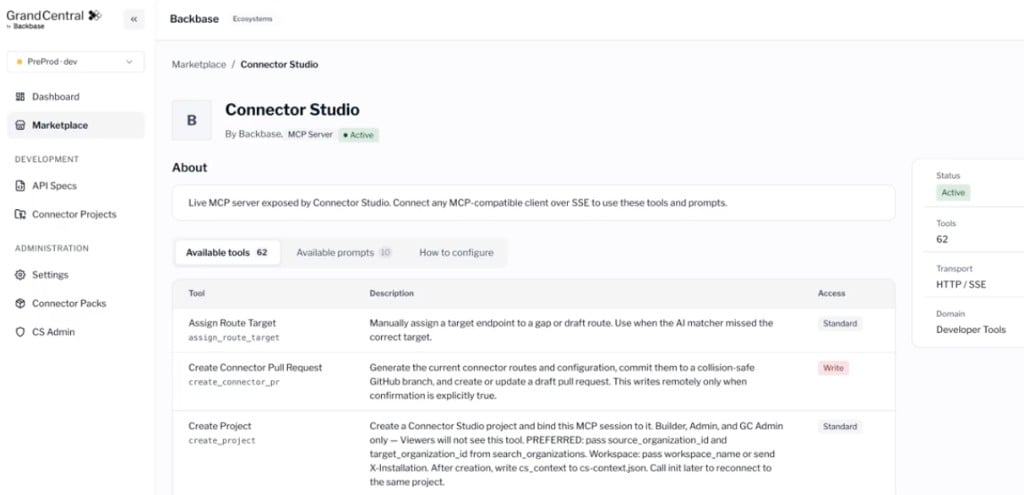 Connector Studio MCP server in the Marketplace showing the Available tools tab