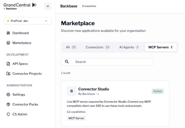 Grand Central Marketplace MCP Servers tab with the Connector Studio card