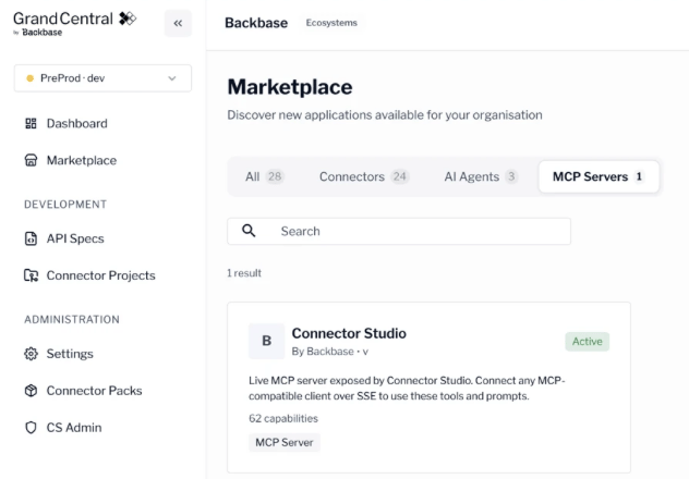 Grand Central Marketplace MCP Servers tab with the Connector Studio card