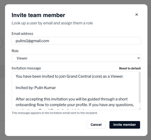 Invite team member dialog showing the email address field, role drop-down set to Viewer, and customizable invitation message