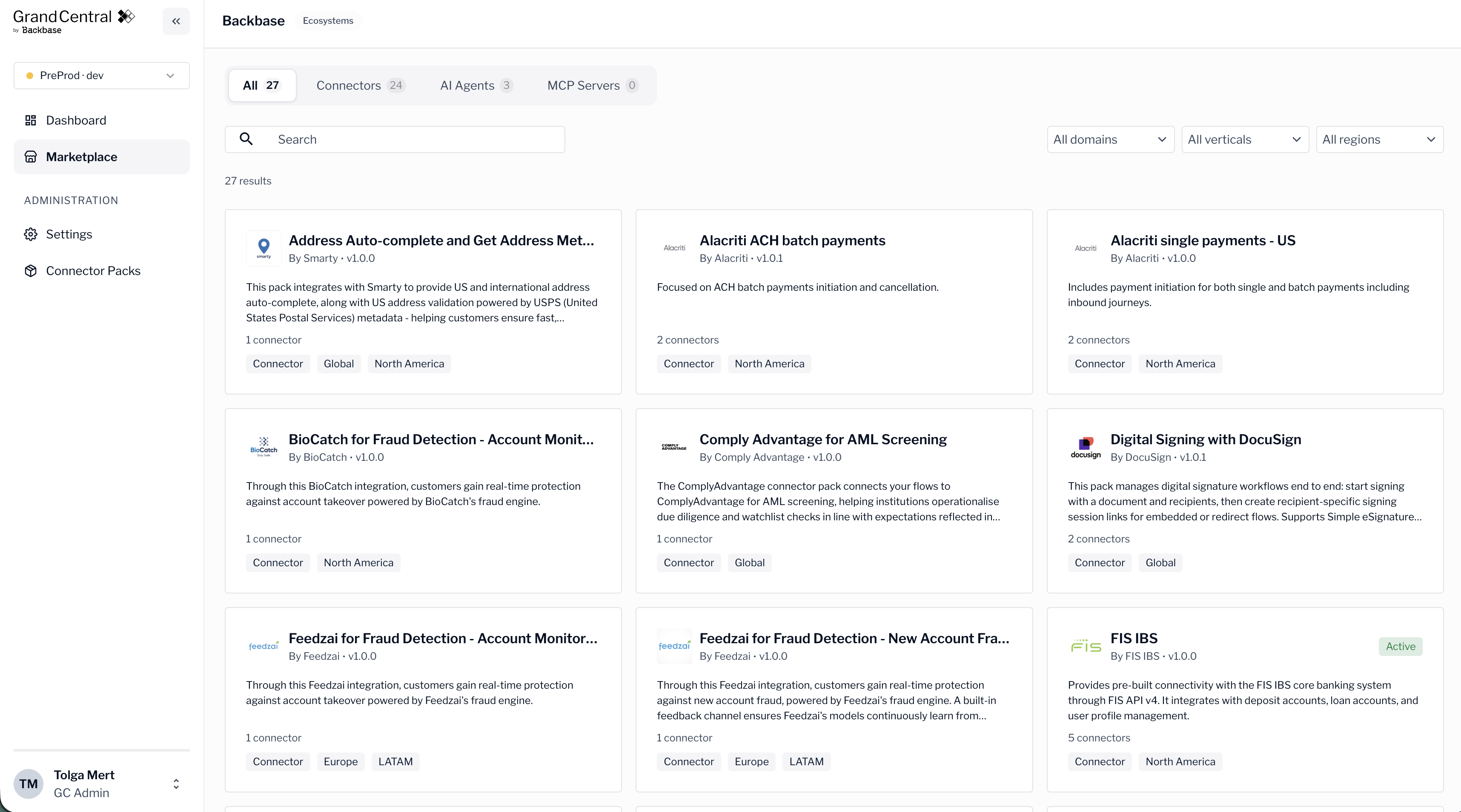 The marketplace showing a grid of connector pack cards with search and filters