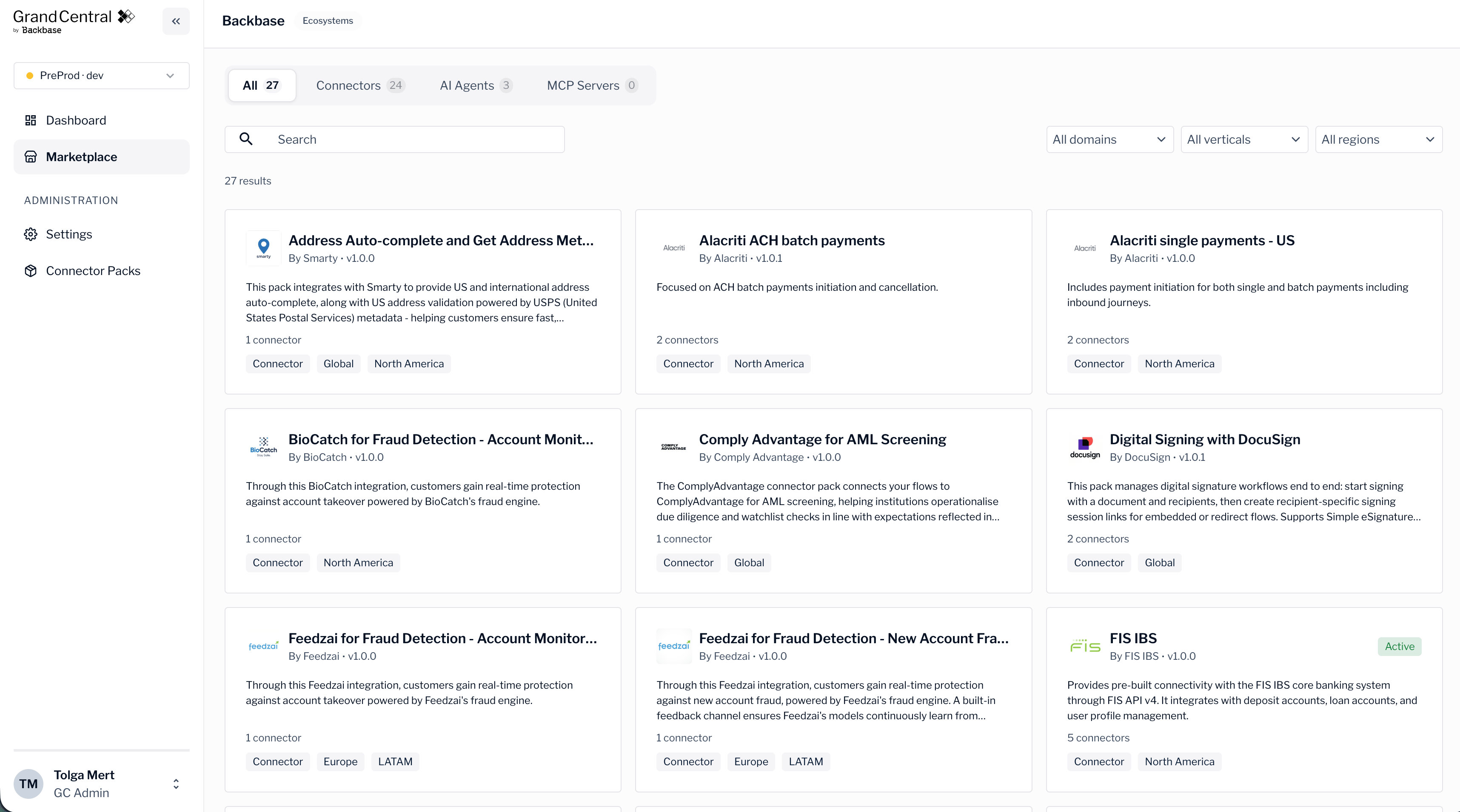 The marketplace showing a grid of connector pack cards with search and filters