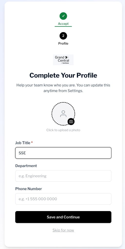 Step 2 of the first sign-in flow: Complete Your Profile screen with job title, department, phone number fields, and a profile photo upload