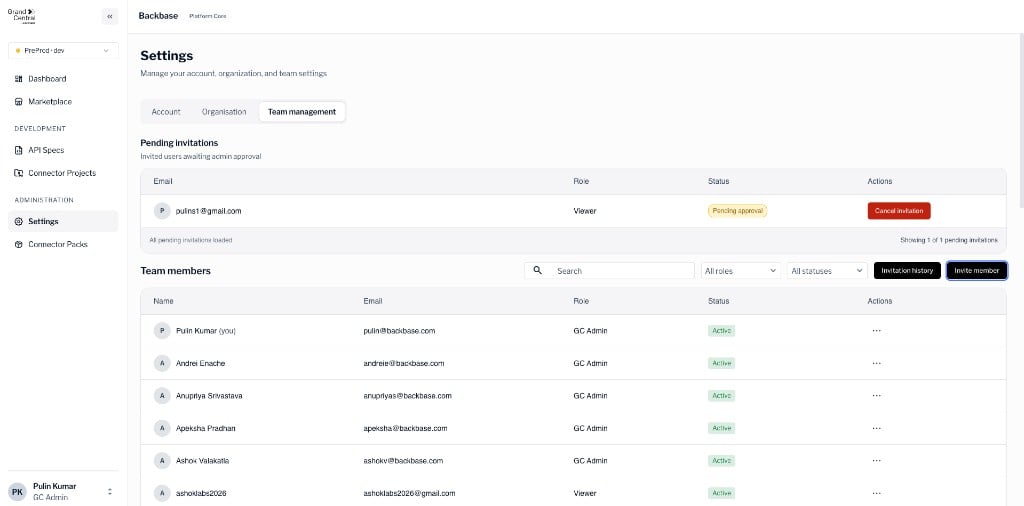 Team members tab showing the Pending invitations section with a Pending approval status badge and Cancel invitation action