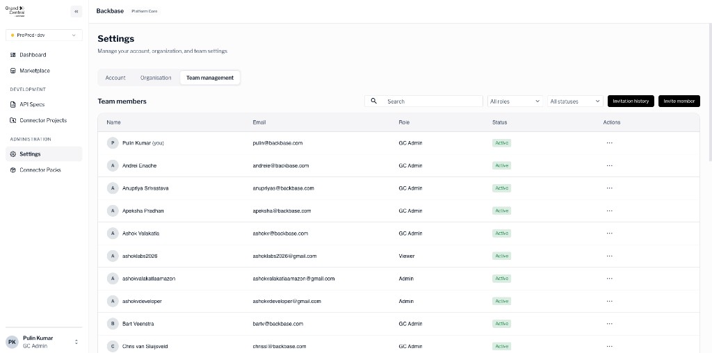 Settings page showing the Team members tab with the member list, role column, status badges, and action menus