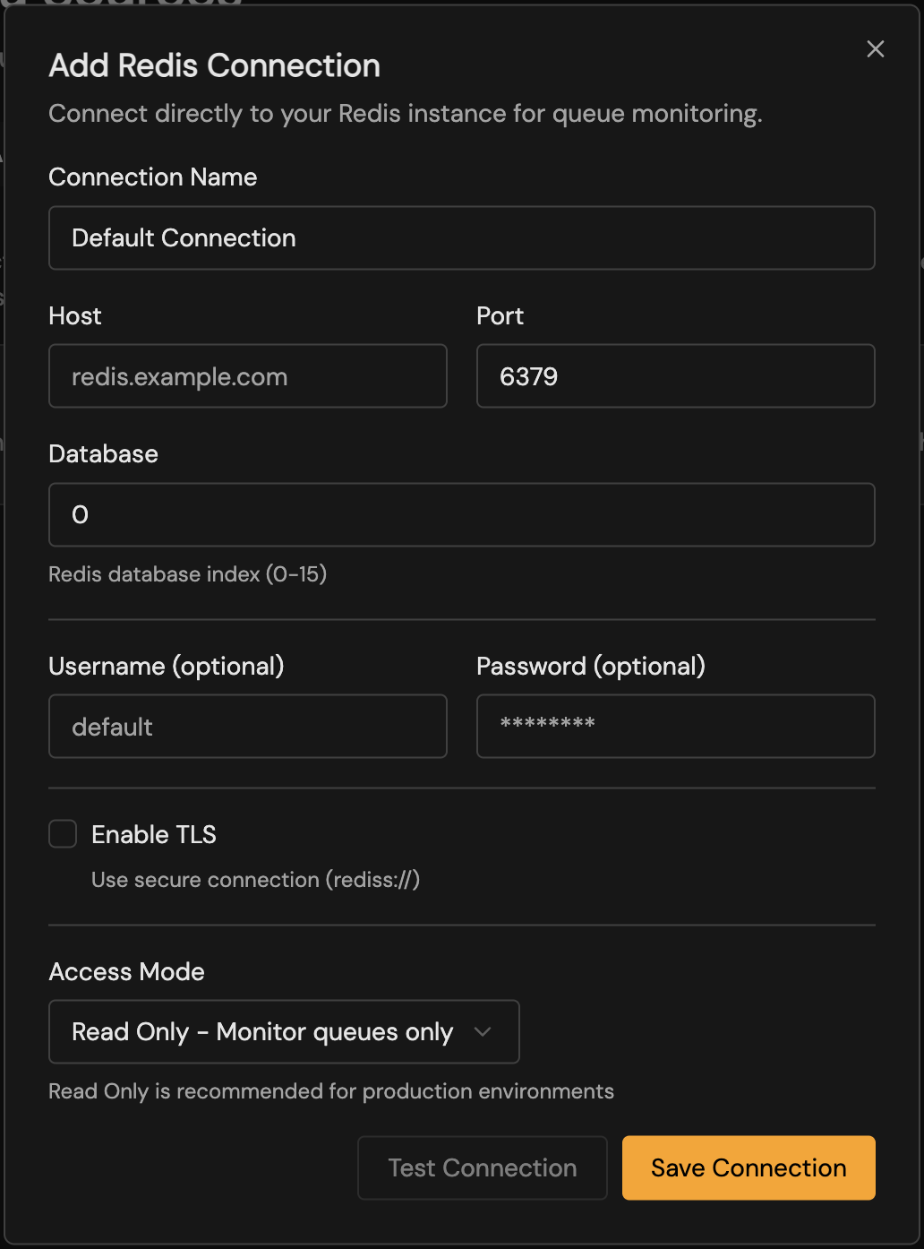 Add Redis connection dialog