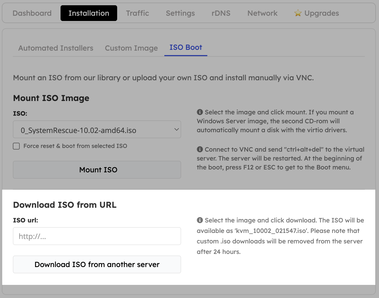 Custom ISO download in the Installation tab