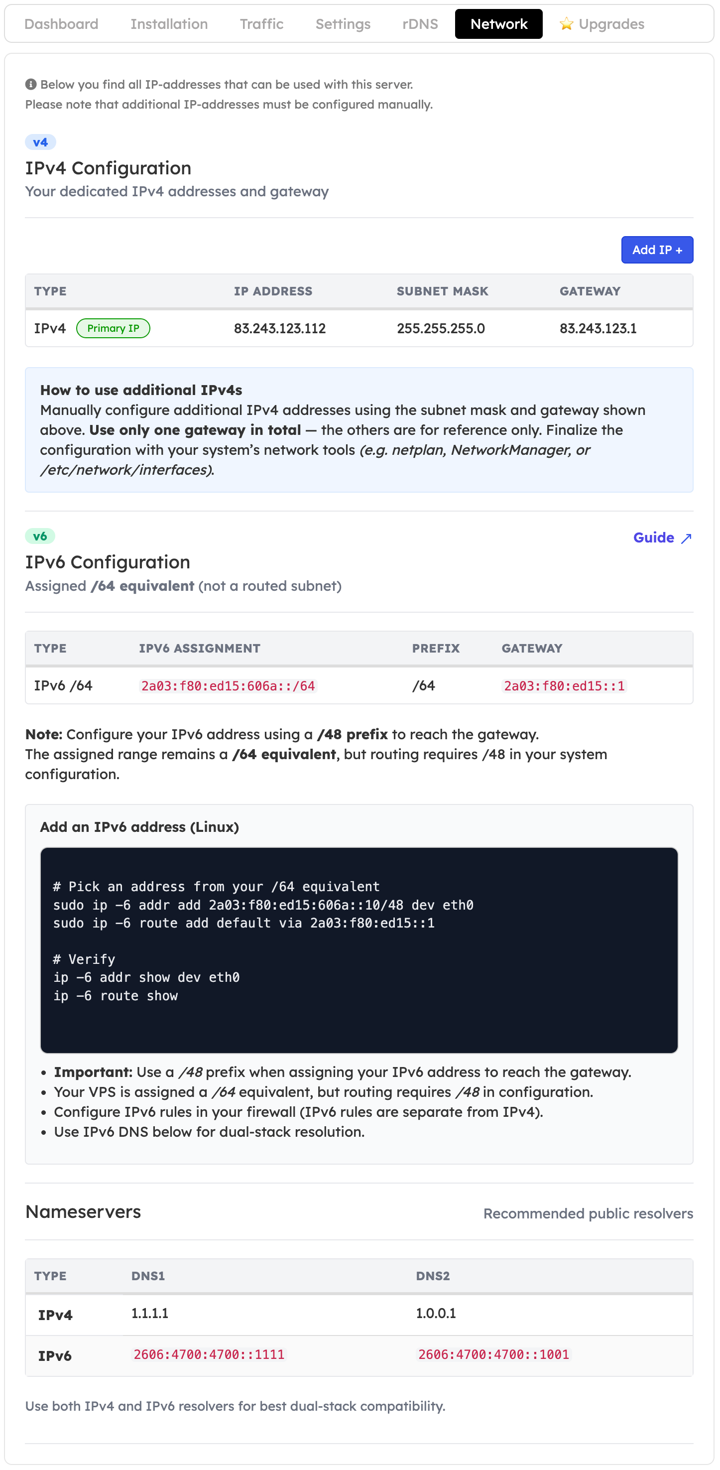 Network tab with IPv4, IPv6, and DNS details
