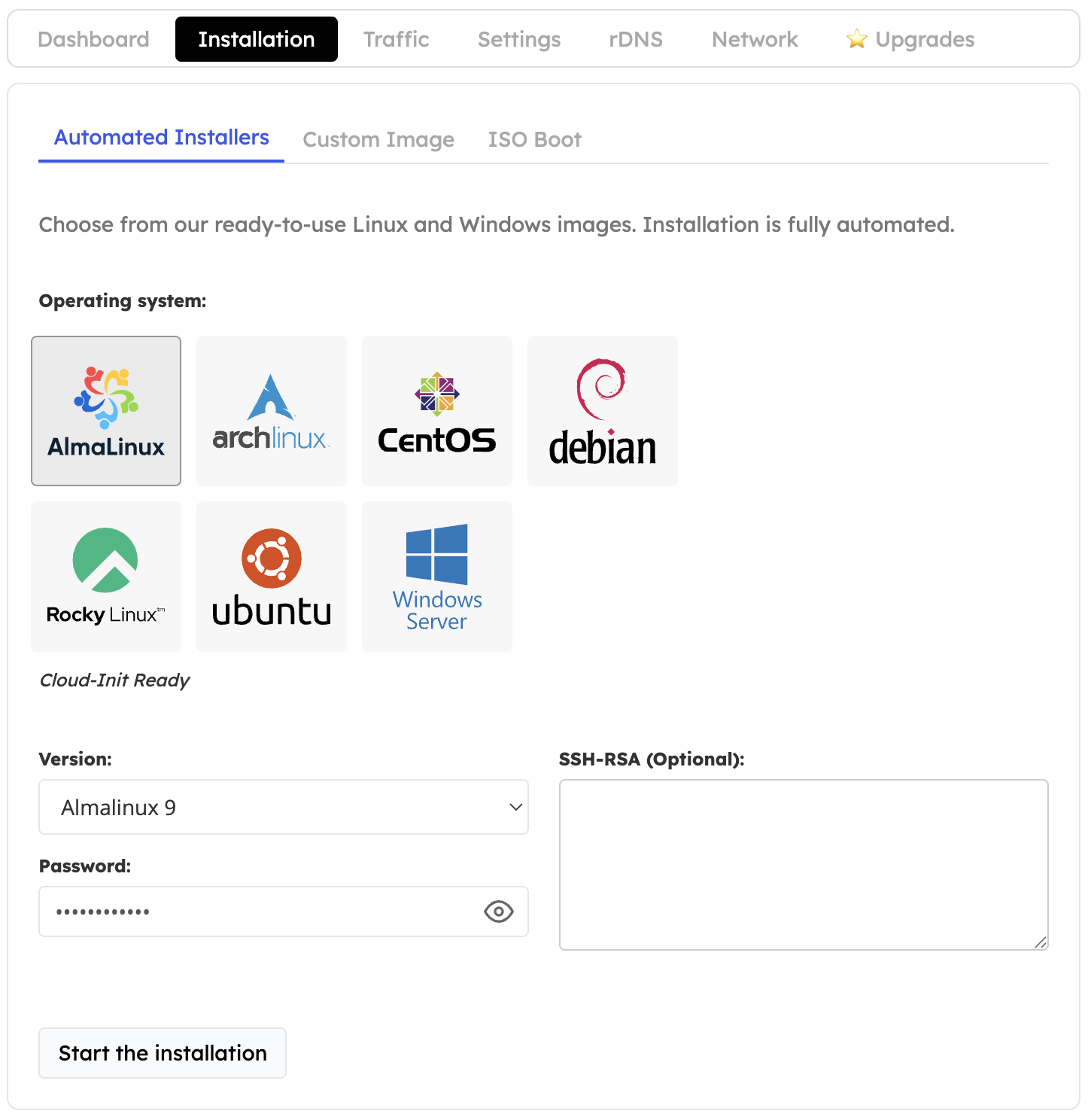 Install OS in Control Panel