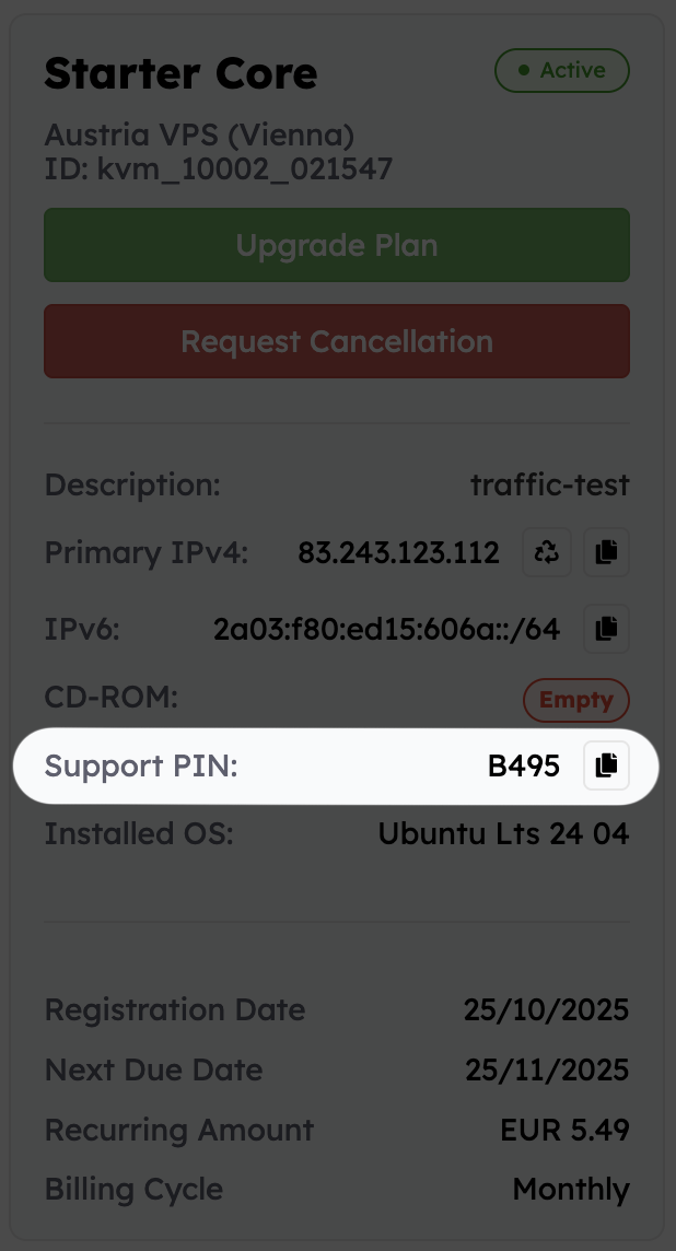 Support PIN summary card in the portal