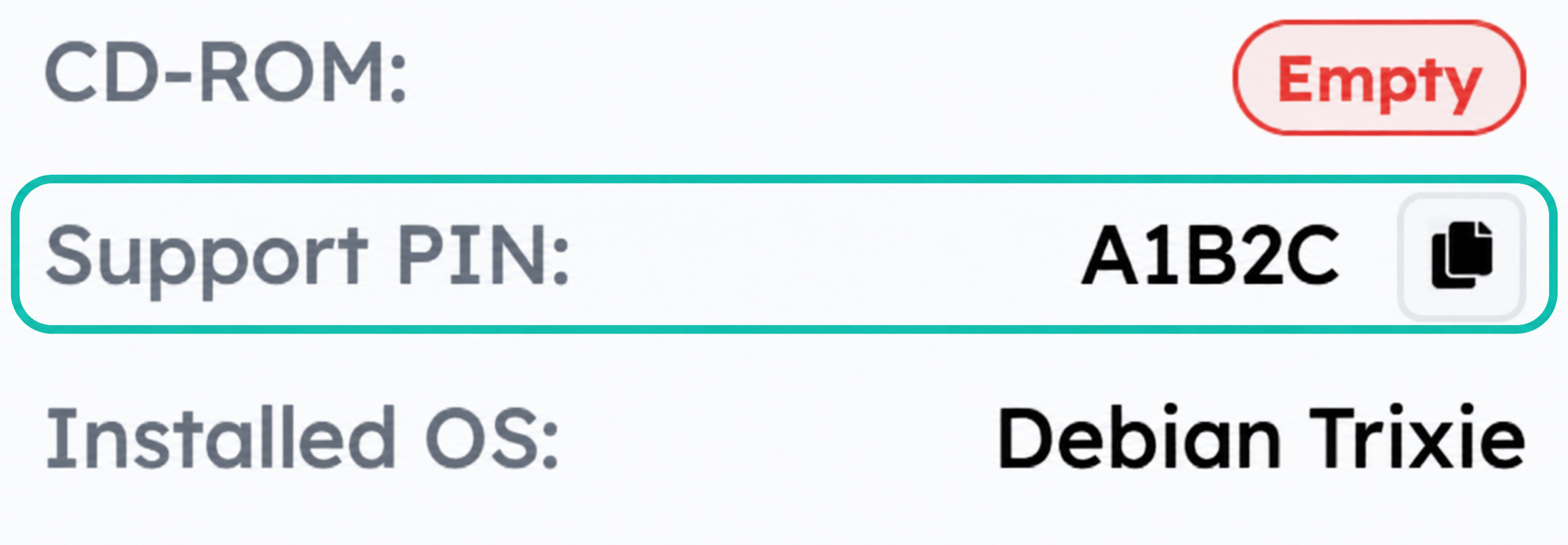 Support PIN row with example A1B2C and the copy icon on its right