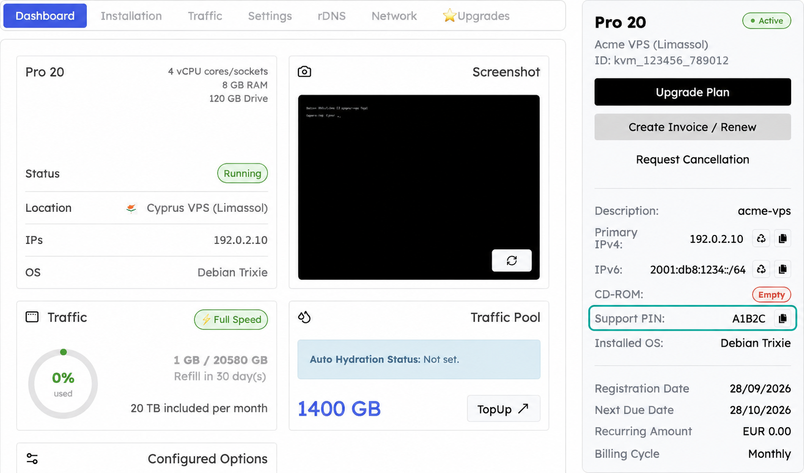 VPS dashboard with Support PIN highlighted in the service-details card on the right