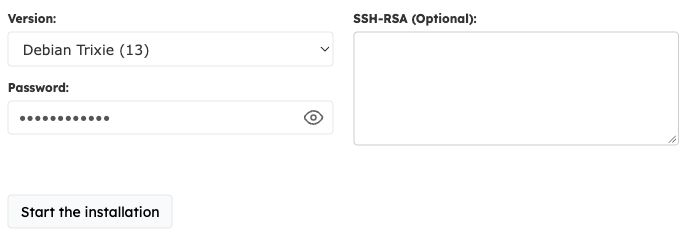 Debian version selector, masked password, optional SSH-RSA field and Start the installation button