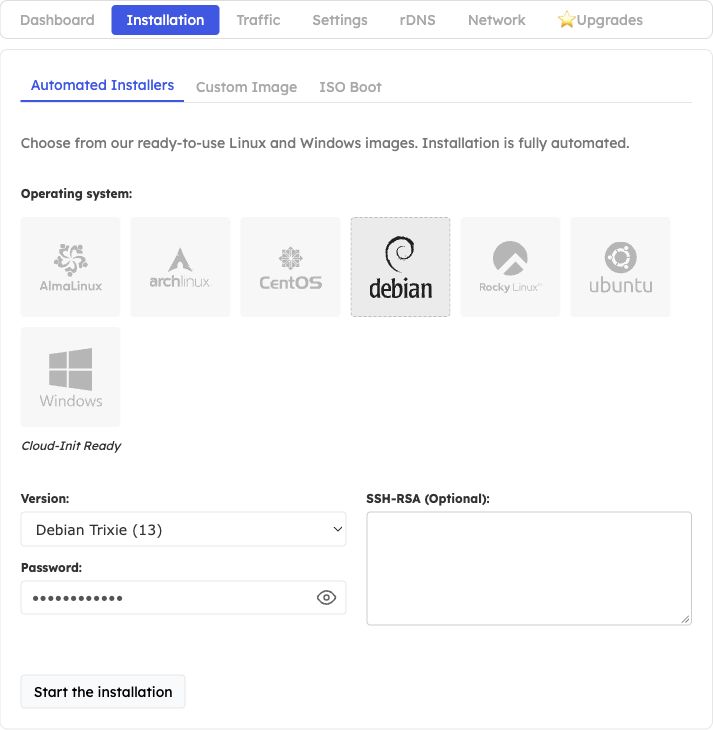 Installation tab showing Automated Installers, OS tiles, Debian version, password and SSH key fields