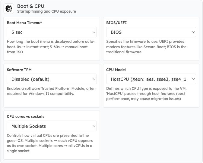 Boot and CPU settings including BIOS UEFI, Software TPM, CPU Model and cores versus sockets