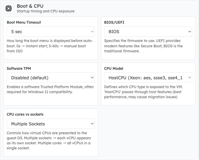 Boot and CPU settings including BIOS UEFI, Software TPM, CPU Model and cores versus sockets