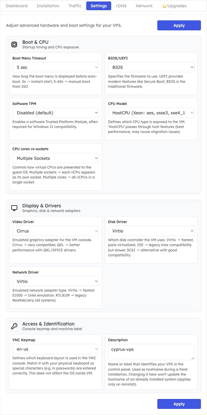 Full Settings tab with all three hardware configuration sections and Apply buttons
