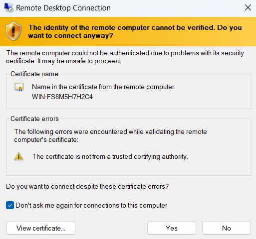 Password prompt and certificate warning