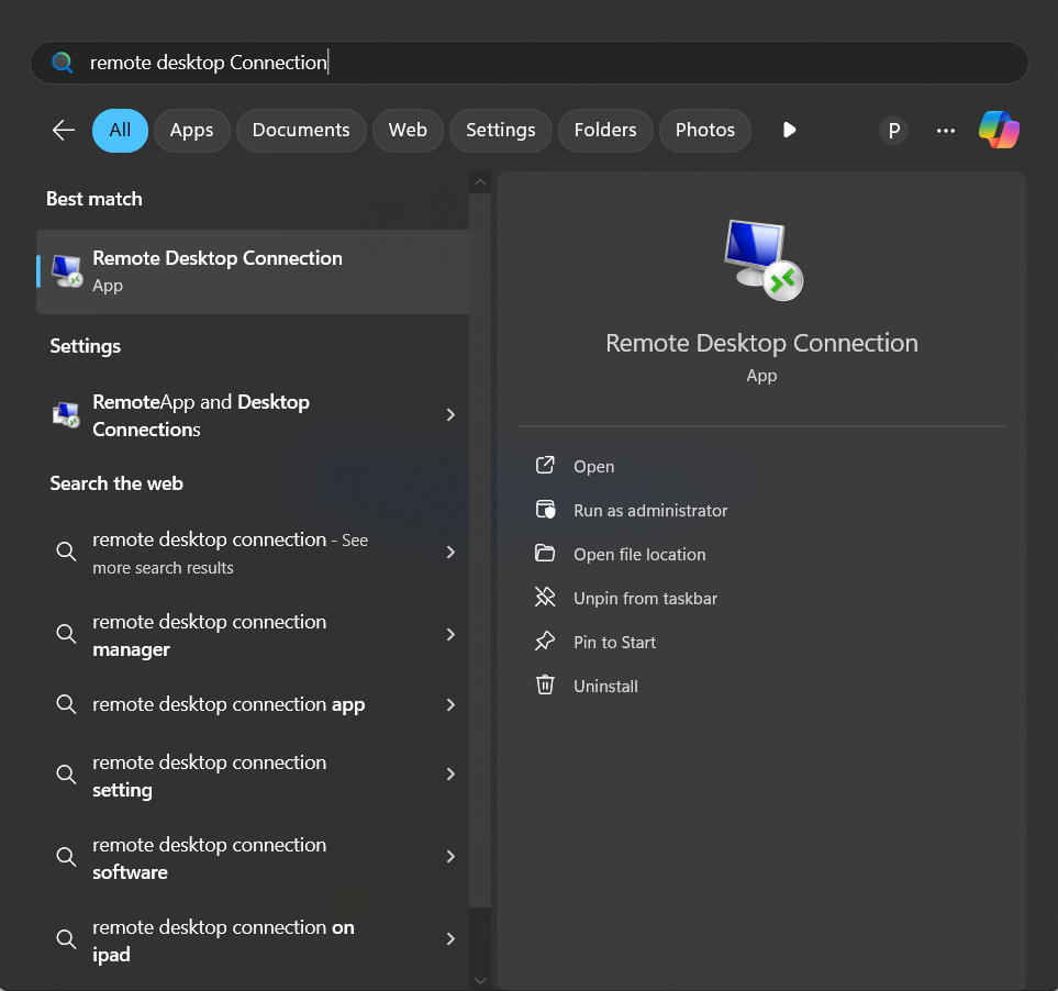 Open RDP client on Windows desktop