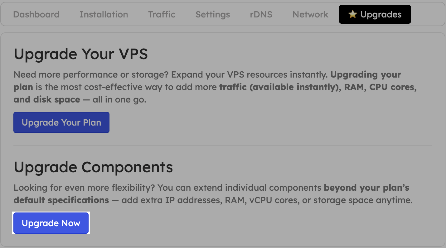 Upgrade Components selection