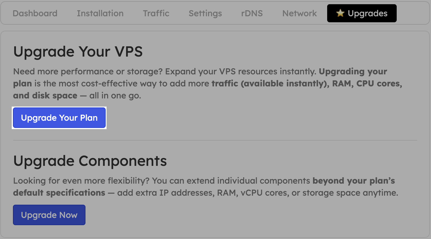 Upgrade plan selector in the tab view