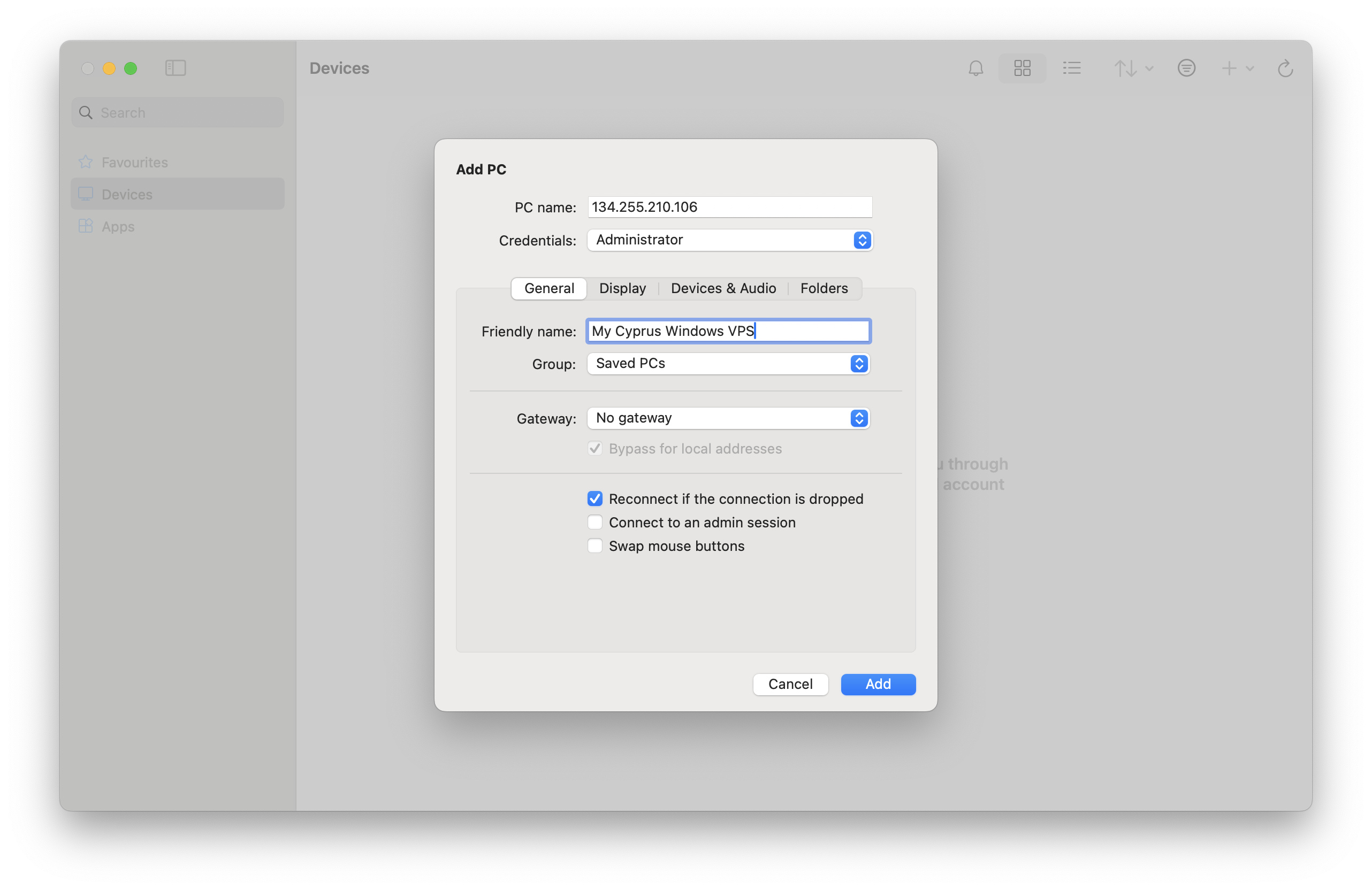 Add PC window showing IP entry and friendly name