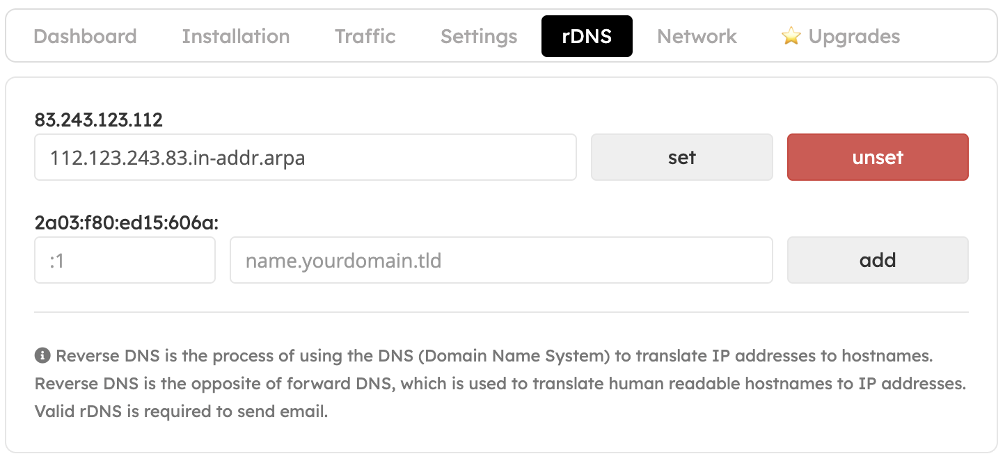 Reverse DNS configuration tab with IPv4 and IPv6 PTR fields