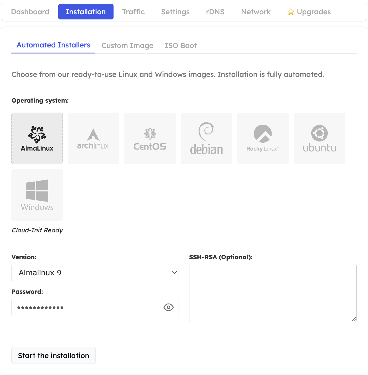 Install OS in Control Panel