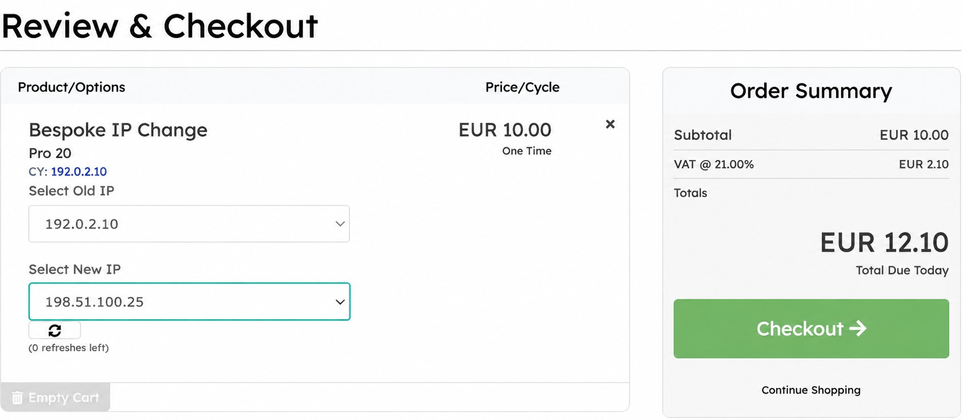 Bespoke IP Change review with Select Old IP and highlighted Select New IP dropdown