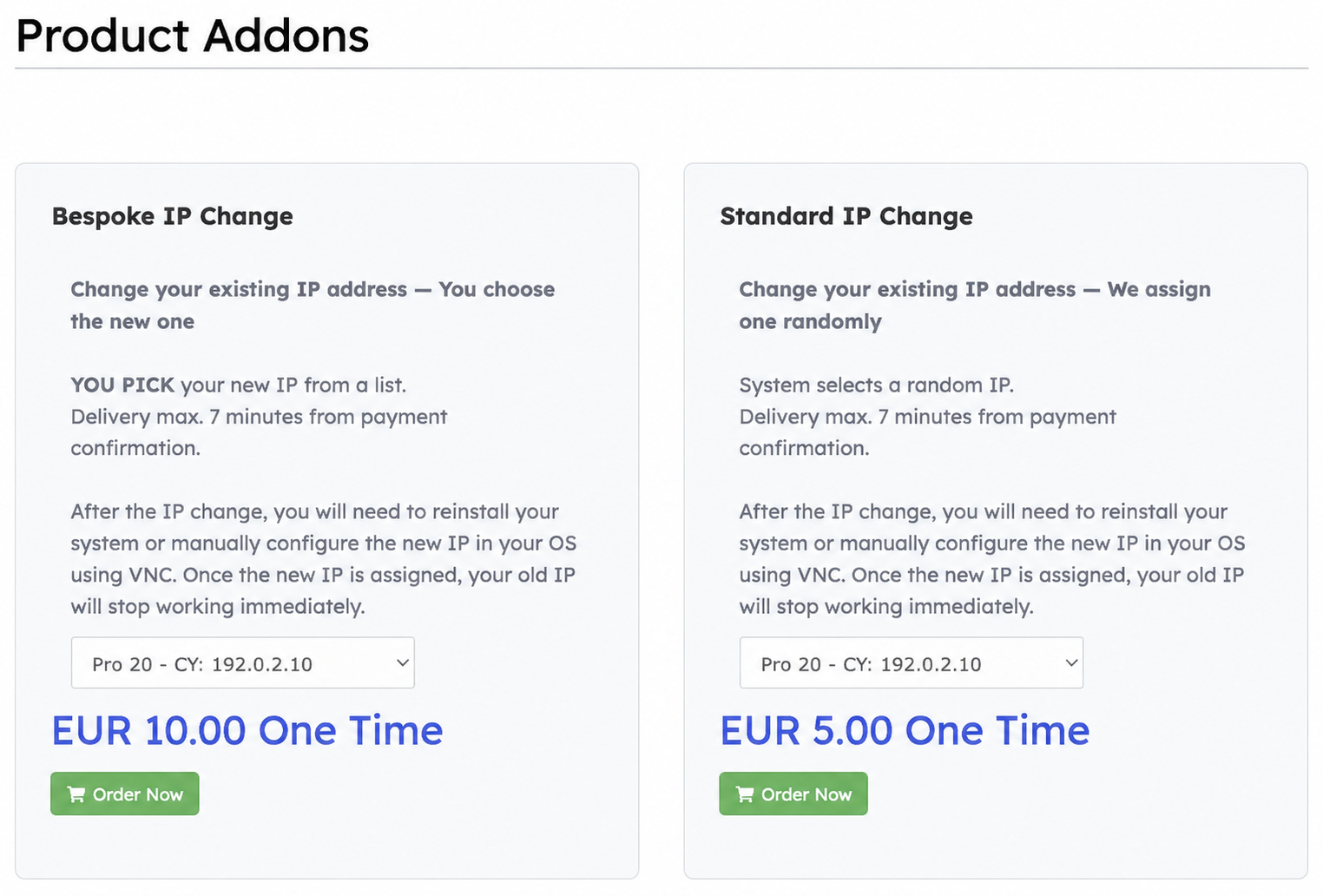 Product Addons with Bespoke IP Change on the left and Standard IP Change on the right