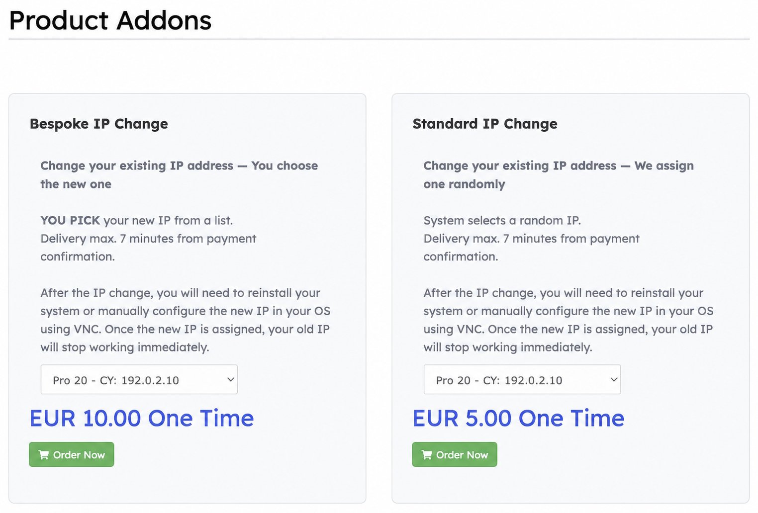 Product Addons with Bespoke IP Change on the left and Standard IP Change on the right