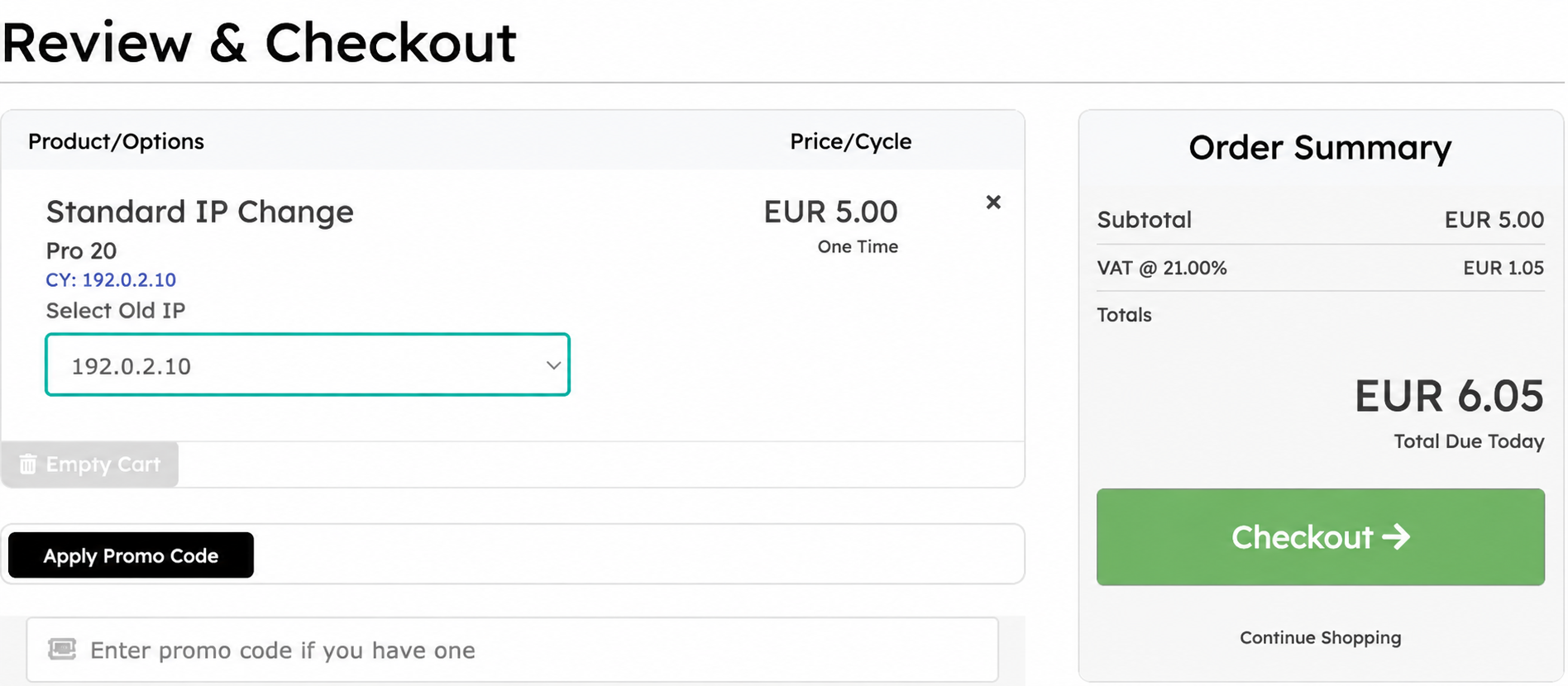 Standard IP Change review with Select Old IP highlighted and the order summary