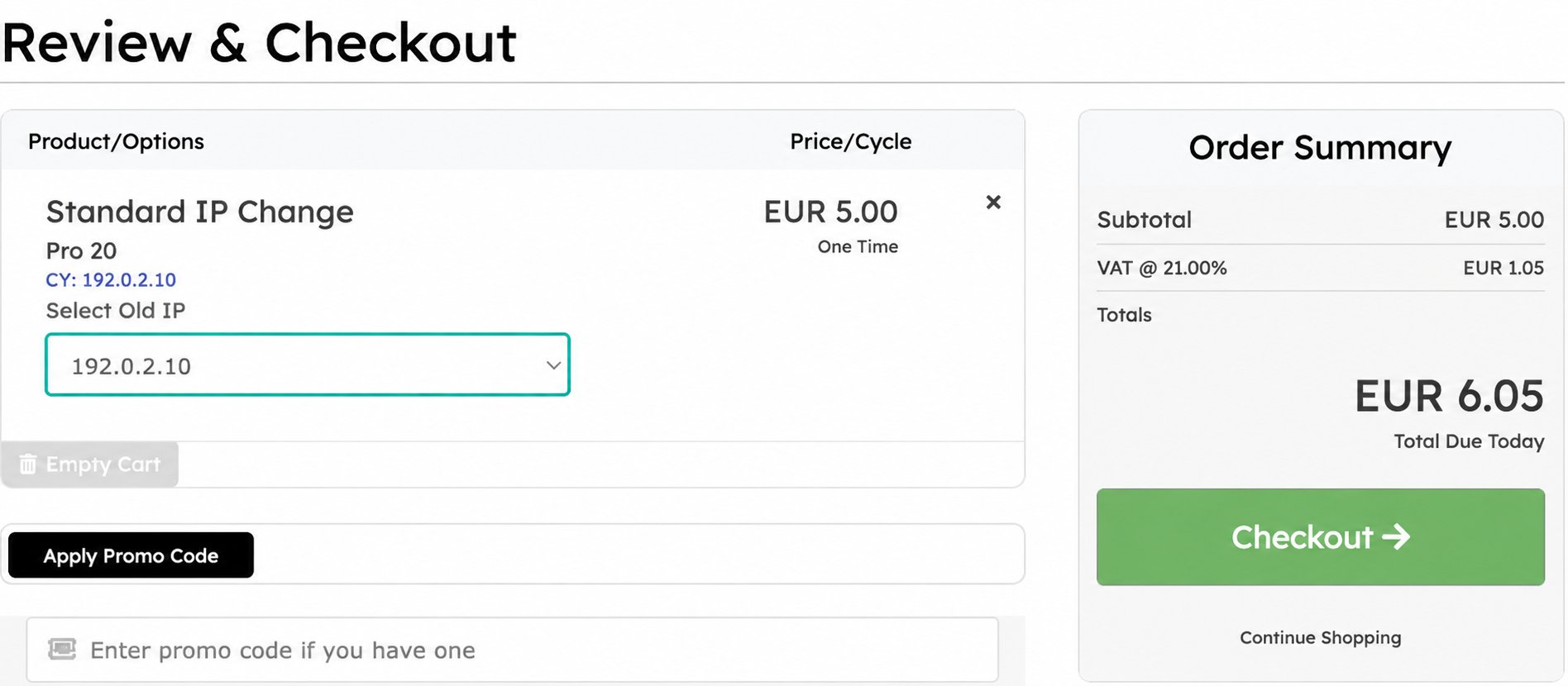 Standard IP Change review with Select Old IP highlighted and the order summary