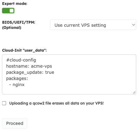 Expert mode enabled with sample cloud config user-data and erase acknowledgement