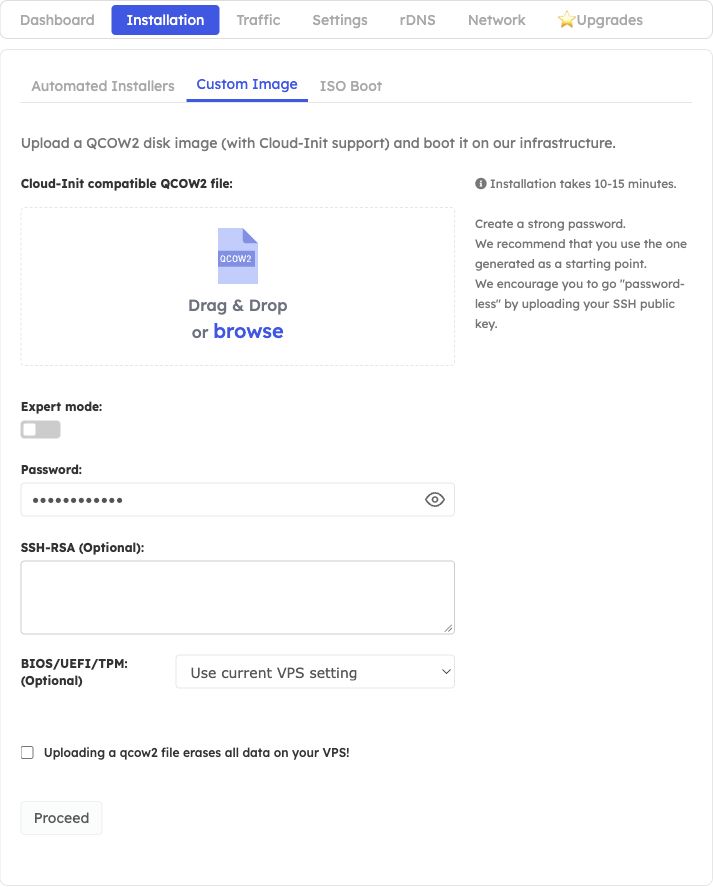 Cloud Init QCOW2 upload screen with Expert mode off and Proceed disabled