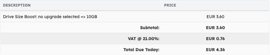 Drive Size Boost quote showing the selected 10 GB addition subtotal VAT and total due