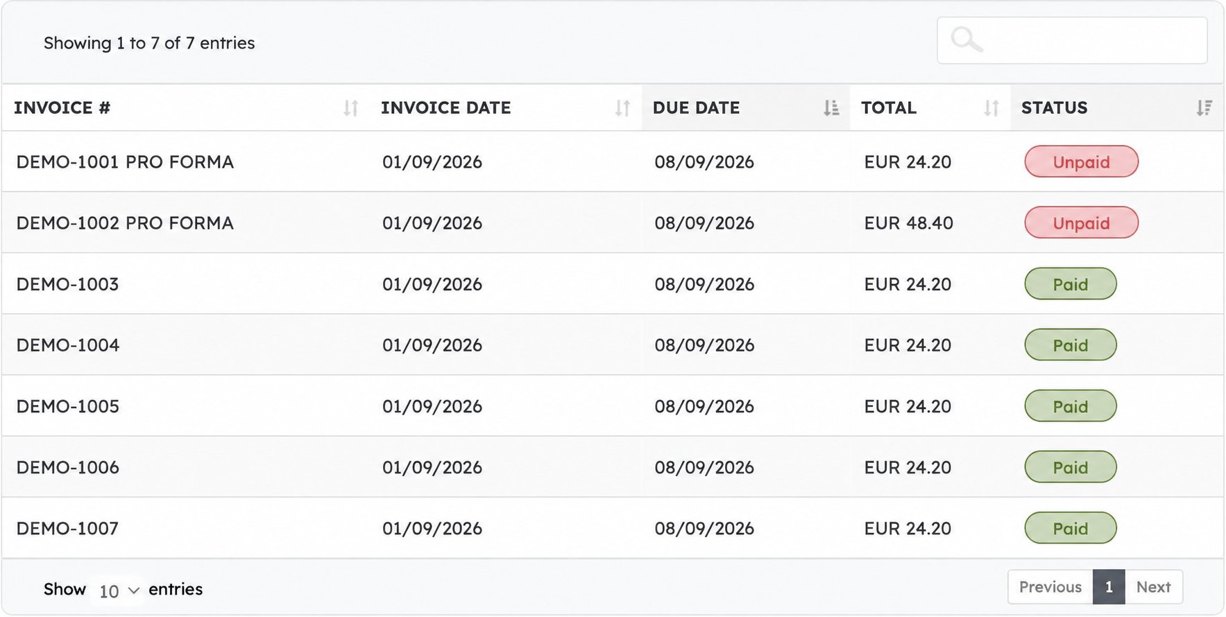Example invoice list with search sorting invoice dates totals and Paid or Unpaid statuses