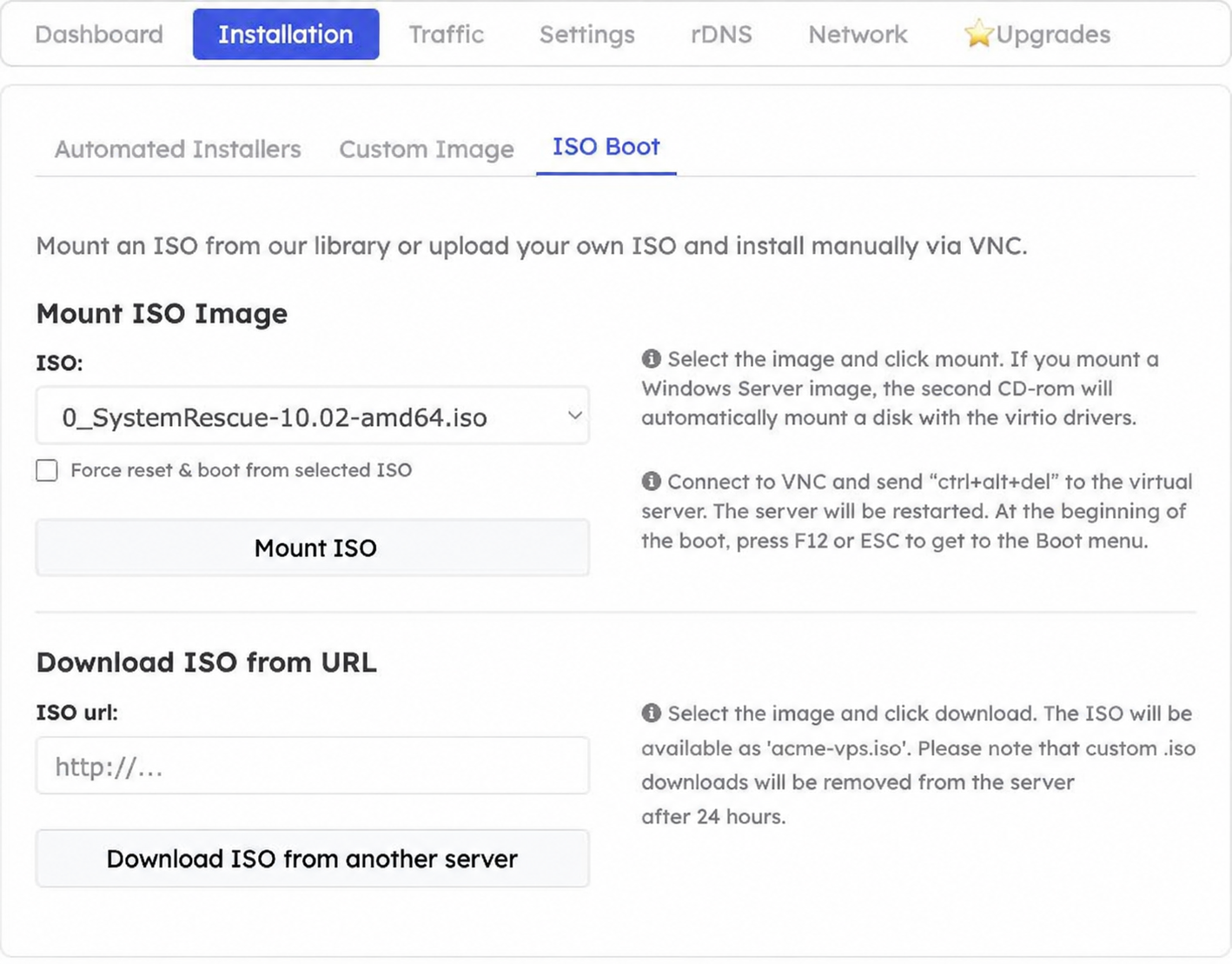 ISO Boot overview with Mount ISO Image and Download ISO from URL sections